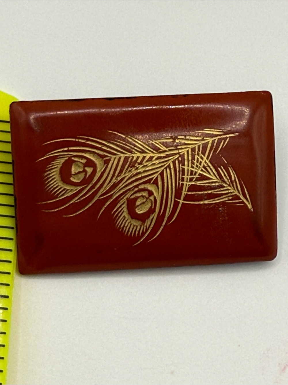 Antique lacquer Estate etched Peacock Feather Red Rectangular pin brooch deco - Picture 14 of 16